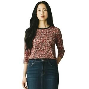 MARNI Women’s Red Silk Floral 3/4 Sleeve Back Zip Blouse